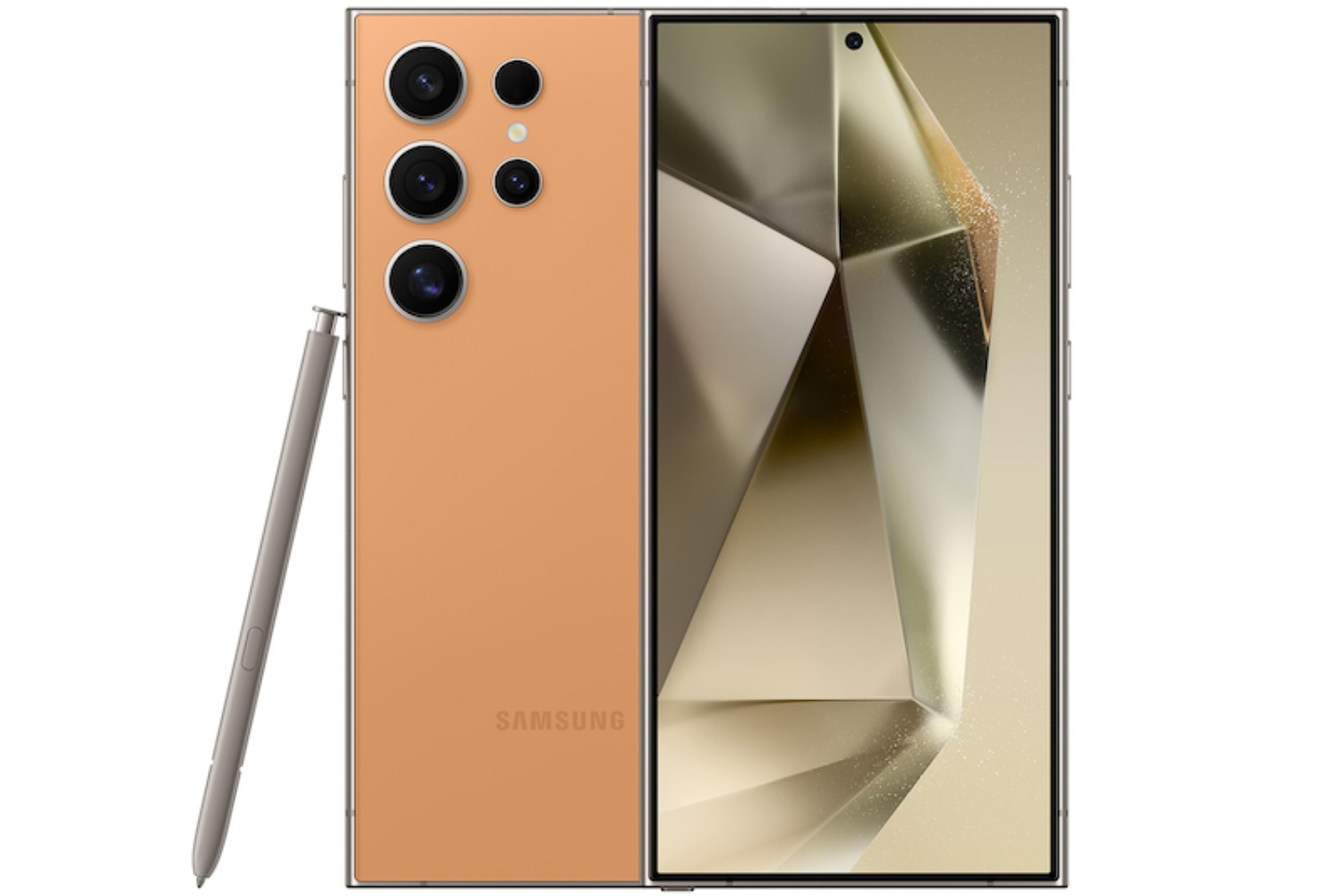 Uma renderização do Samsung Galaxy S24 Ultra na cor laranja.