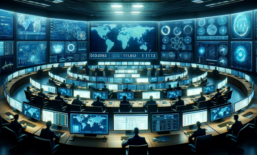 Imagem de um centro de operações de cibersegurança digital, equipado com múltiplas telas exibindo dados e mapas de rede, simbolizando a vigilância ativa do FBI contra ameaças de hackeamento chinês.