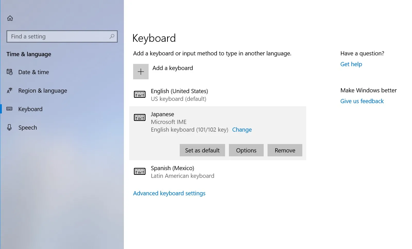 Изменение языка клавиатуры в Windows 10