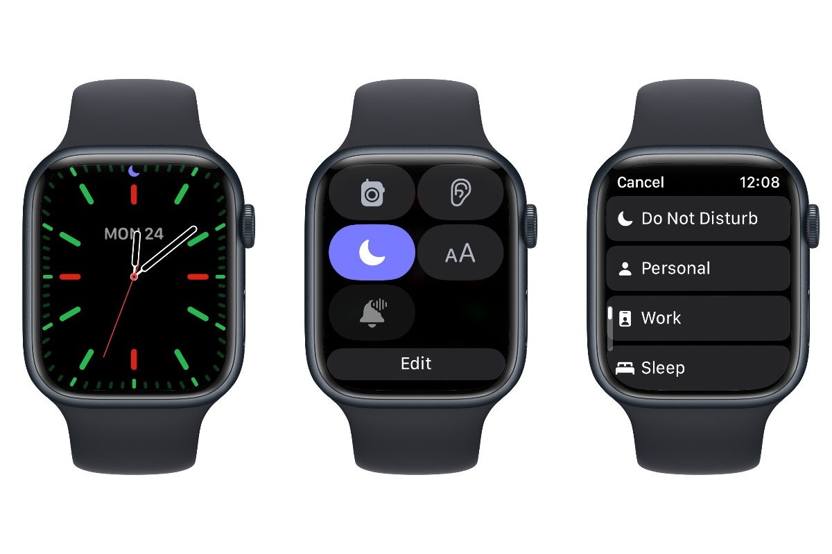 Tre Apple Watch che mostrano le impostazioni della Modalità Focalizzata.
