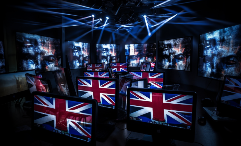 fundo preto, telas de computador com rostos distorcidos, bandeiras do Reino Unido em algumas telas.