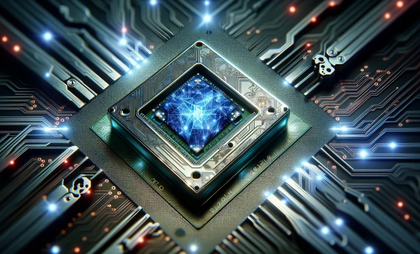 Futurista chip de IA da Nvidia com circuitos intricados e elementos luminosos, simbolizando tecnologia avançada, situado contra um pano de fundo de padrões digitais abstratos representando computação em nuvem e IA.