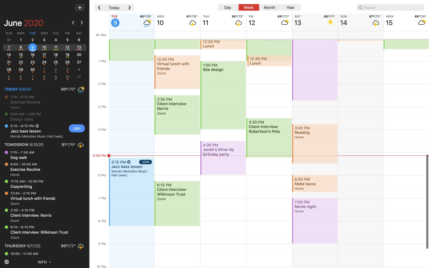 L'applicazione Mac Fantastical mostra un calendario con vista settimanale.
