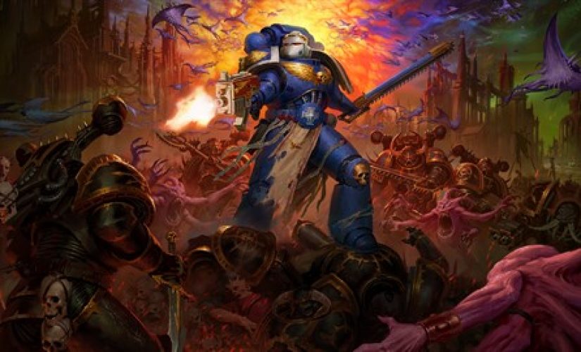 Capa para Warhammer 40,000: Boltgun. Um guerreiro de armadura azul do futuro fica em cima de um monte de cadáveres enquanto uma horda de forças demoníacas o rodeia.