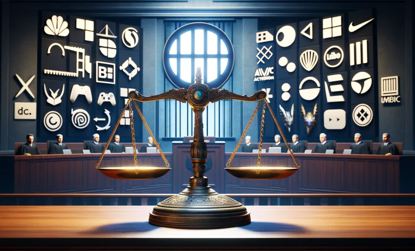 Configuração de um tribunal com os logotipos da Microsoft e da Activision Blizzard ao fundo