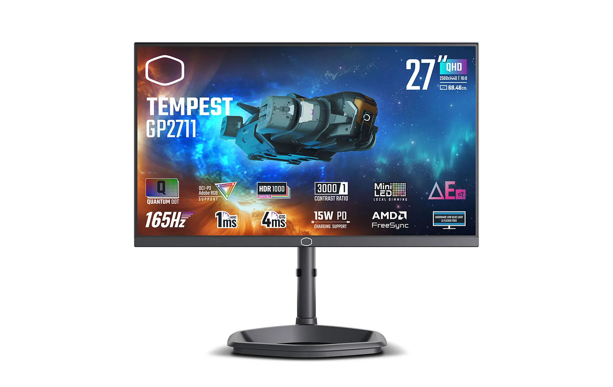Visão frontal do monitor de jogos mini-LED Cooler Master Tempest GP2711 em um fundo branco.