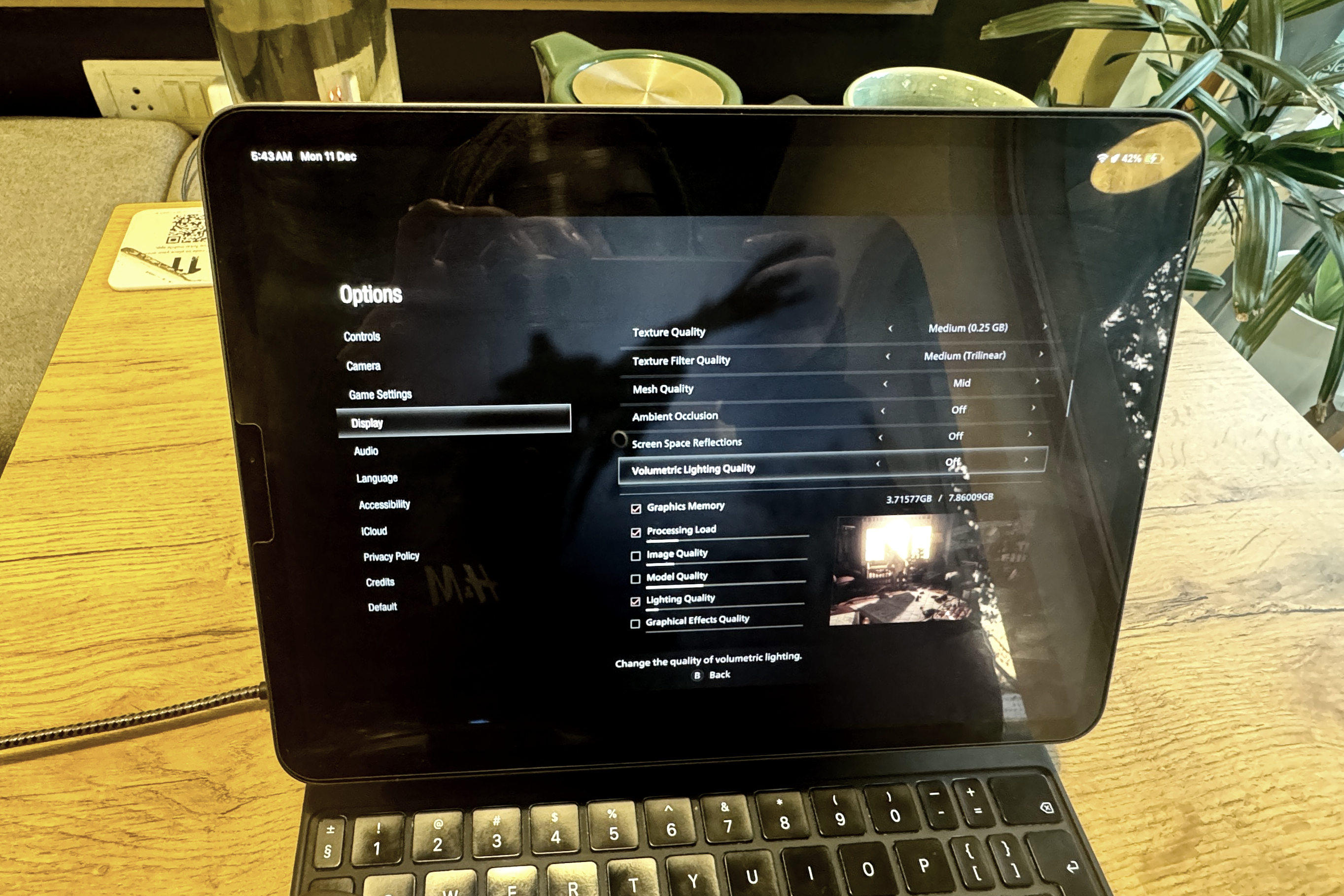 Configurações gráficas em Resident Evil Village no iPad Pro.