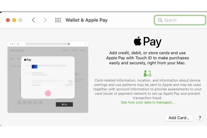 Interface para adicionar um cartão ao Apple Wallet no Mac