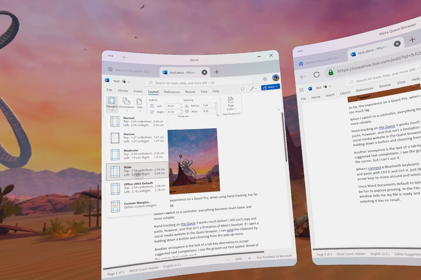 Most features, like adjusting a document’s layout in Word, work fine on a Quest 3.