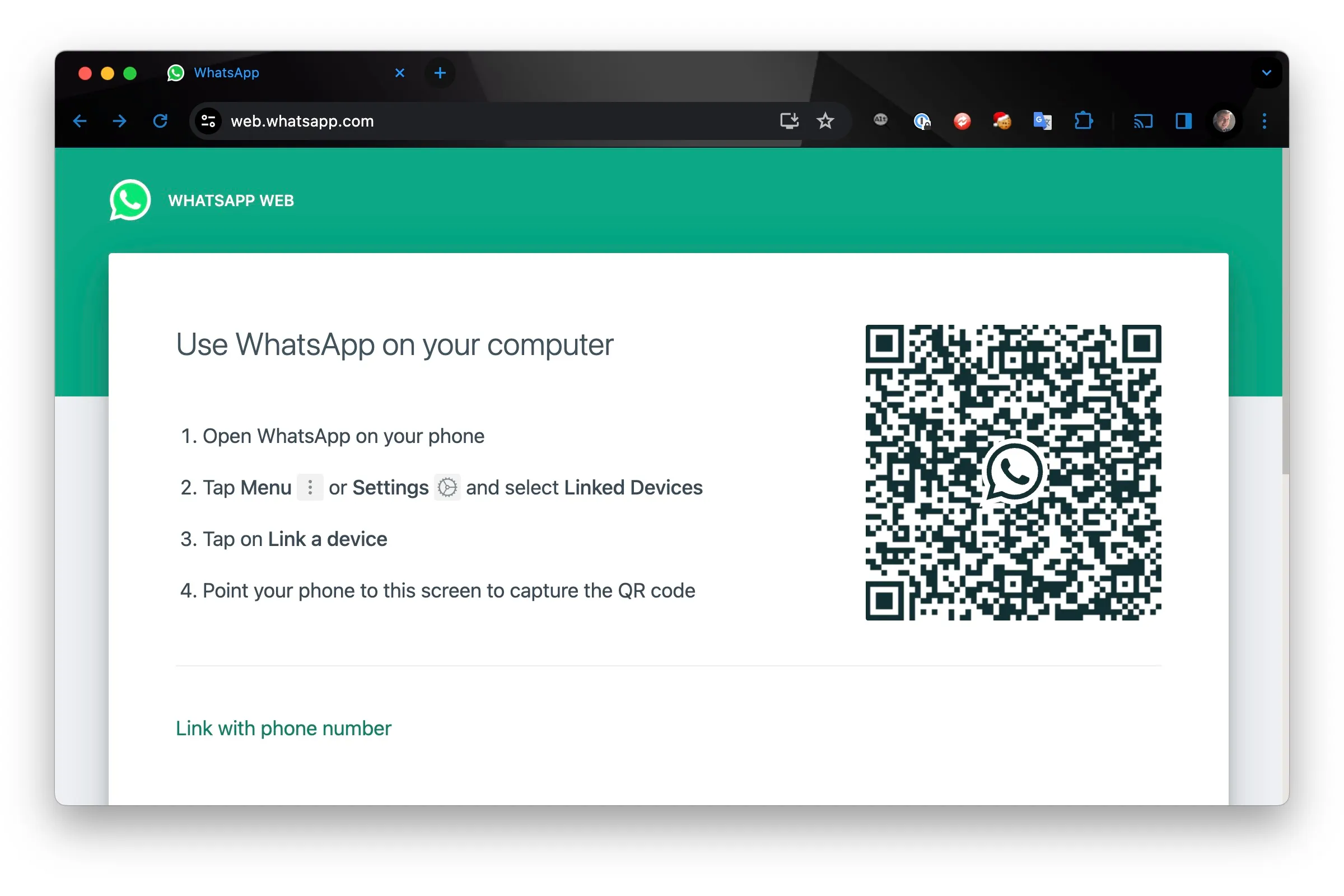 Экран входа в WhatsApp Web в Chrome
