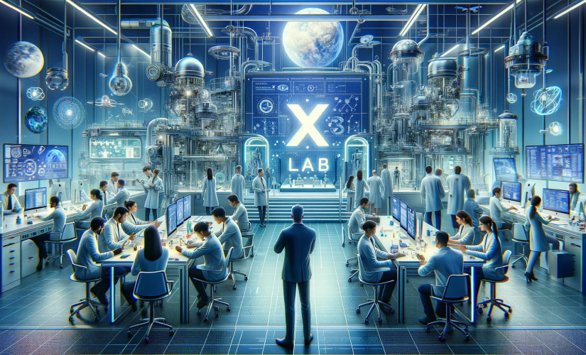 Laboratorio futuristico con scienziati e ingegneri di diverse etnie che lavorano su progetti avanzati, rappresentando X Lab di Alphabet nonostante i recenti licenziamenti.
