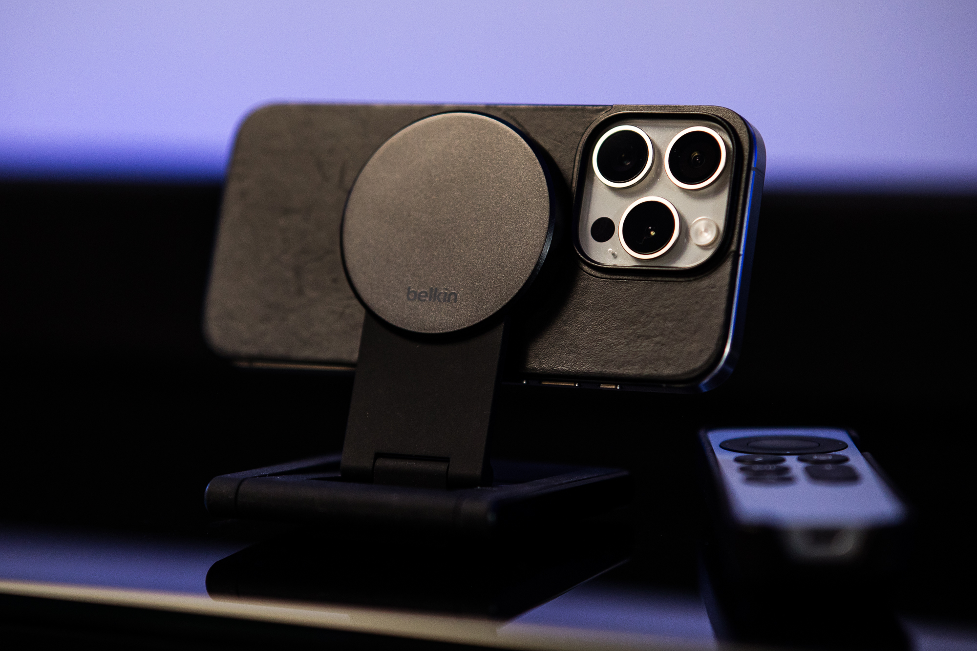 The Belkin iPhone Mount with MagSafe for Apple TV 4K in its stand mode