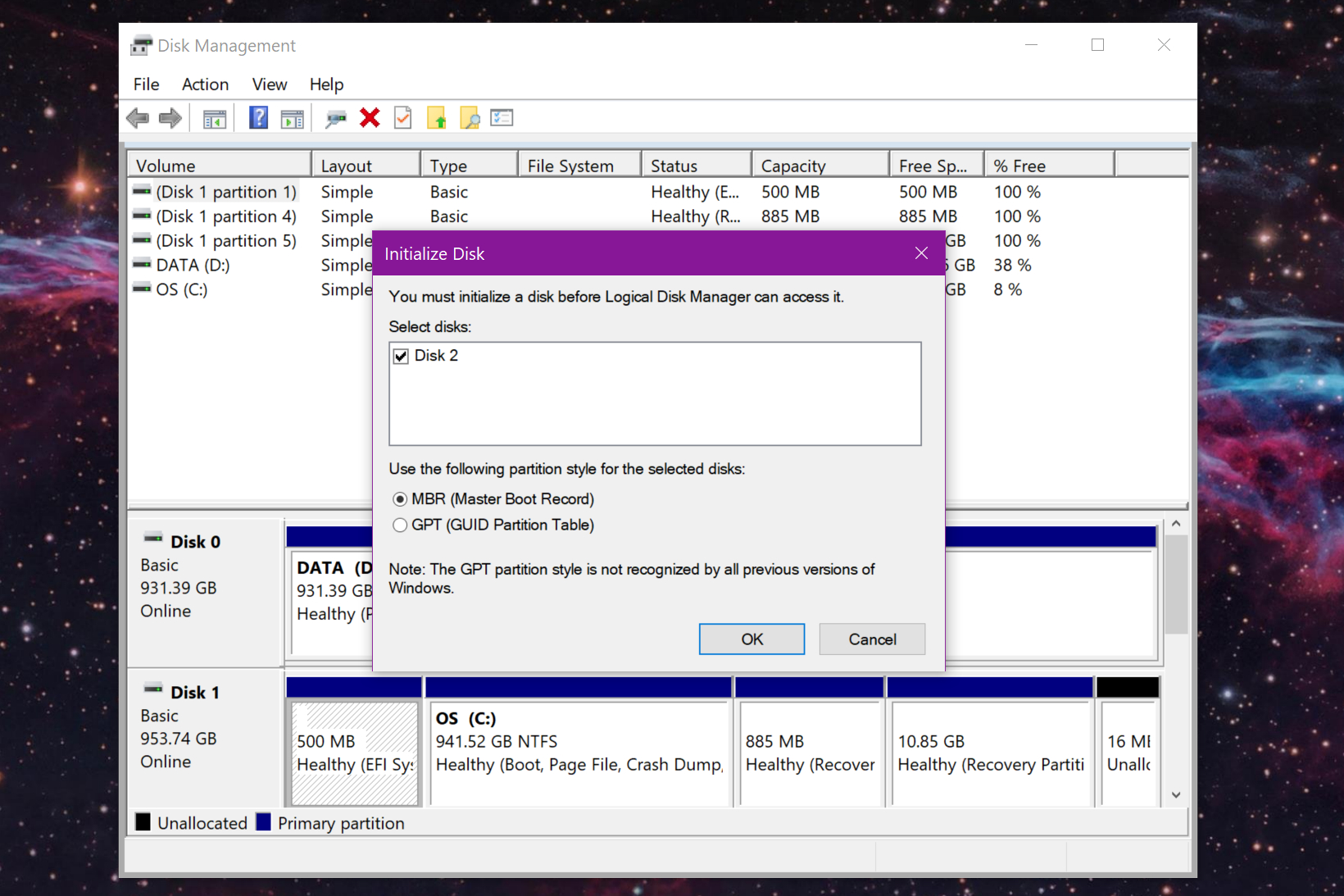 La pantalla de Inicializar disco de Windows 10.