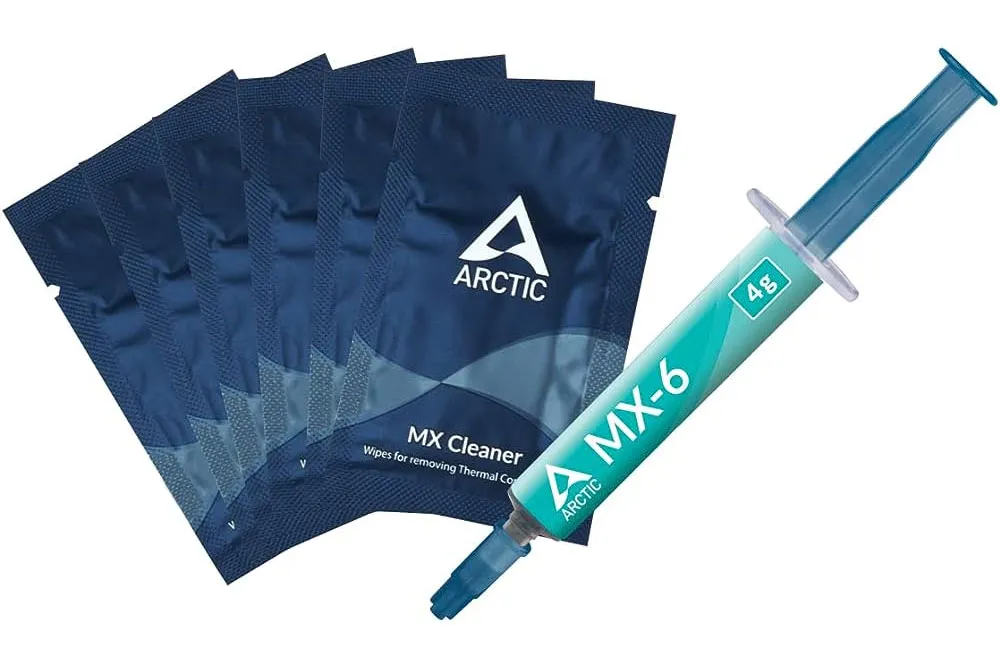 Pasta termica Arctic MX-6 e panni per la pulizia.
