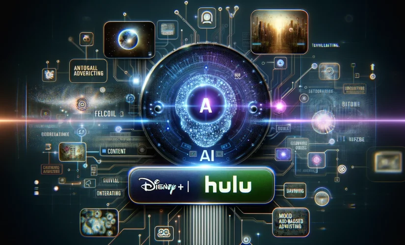 Interfaz futurista de IA que analiza el contenido de Disney+ y Hulu, con conexiones digitales para publicidad basada en el estado de ánimo, mostrando la IA avanzada en streaming.